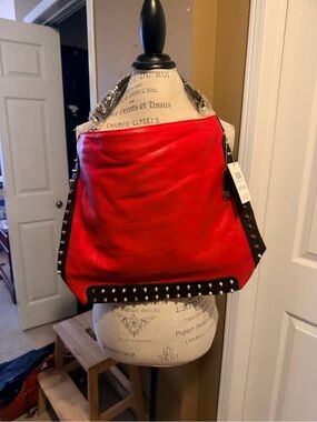 Red Stud-Trim Leather Tote/Shoulder Bag